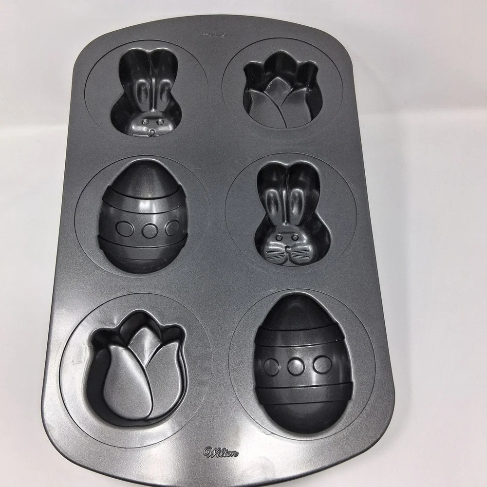 Wilton Easter Non-Stick 6 Cavity Baking Pan Bunny Egg Tulip Shapes Gray Steel
